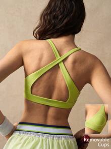 VARSITIE 女士纯色露背挂脖运动文胸 - 綠色 - 查看 1
