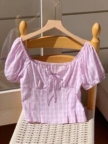 SHEIN Comfortcana Women's Summer Floral Print Petal Sleeve Blouse With Bow Decor, Countryside Vacation Style Tops For Women Summer Cute Cute Blouses Babydoll Tops,Summer Top - Mauve Purple - View 6