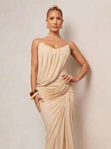 Lumalex 女士超长连衣裙，饰有褶皱网纱、垂褶细节和挂脖领口 - 杏色 - 查看 12