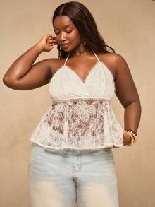 SHEIN BAE Plus Size Lace Patchwork Halter Neck Tie Seashell Tassel Blouse,White Summer Elegant Party Wedding Guest Boho Camisole Top,Textured Beach Vacation Top - Apricot - View 6