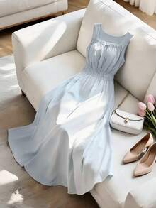 GlowEve French Style Blue Waist Designed Square Neck Spaghetti Strap A-Line Dress, Women Summer Vacation Flowing Dress - Blue - View 3