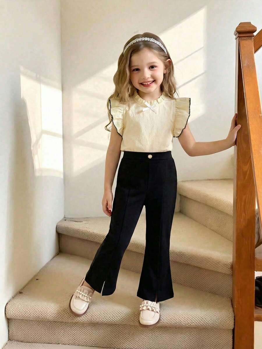 Young Girl Contrast Color Ruffle Trim Top And Solid Color Flare Pants Elegant 2 Pieces Set - Black and White - View 1