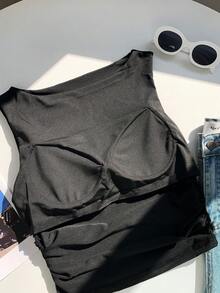 Camiseta de tirantes de algodón con pliegues y forro, de unicolor, adecuada para primavera/verano - Negro - Ver 3