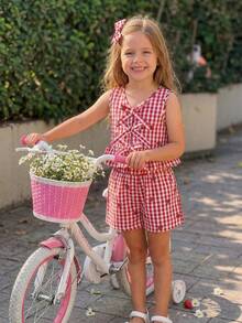 SHEIN 2pcs/Set Young Girl Summer Casual Plaid Strawberry Embroidery Vest And Shorts Set Summer Tops Shirts Summer Clothes Sets Gingham Set Plaid Two Piece Set Girls Young Girl Two Piece Summer Two Piece Set Kids Plaid 2 Piece Baby Girls Gingham Romper With Strawberry Embroidery Ruffled Hem And Bow Detail Girls Red And White Checkered Outfit Girls Red Gingham Girls Summer Two Piece Girls Summer Clothes Girls Strawberry Print Clothes - Red and White - View 2