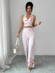 SHEIN Elenzya Women's Minimalist Single-Button Backless Top And Pants 2 Pieces Commuter Suit - Pink - View 3