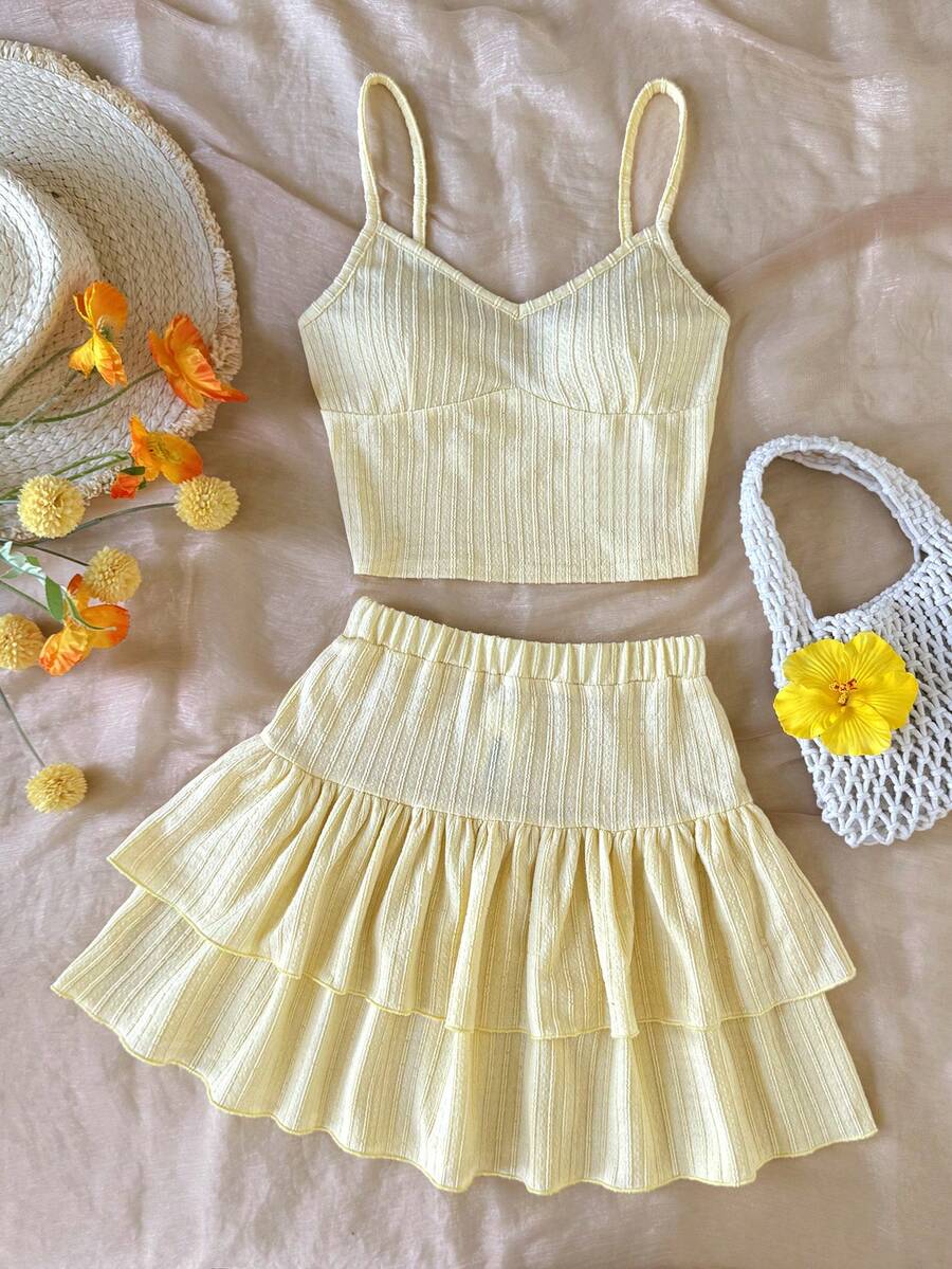 SHEIN Tween Girls Spring & Summer Sleeveless Knit Jacquard Textured Camisole Top With Ruffle Hem A-Line Skirt Shorts 2-Piece Set, Light Yellow - Yellow - View 1