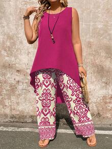 EMERY ROSE Plus Size 2 Pieces Set: Paisley Print Sleeveless Top And Wide Leg Pants - Hot Pink - View 3