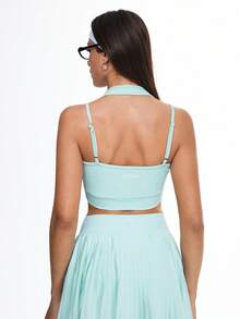 Eassivo Áo tank top thể thao nữ cổ chữ V, thấm hút mồ hôi, thoáng khí, co giãn cao, in chữ, dáng ôm bất đối xứng. - Màu xanh Bạc hà - Xem 2
