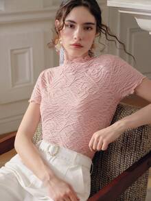 Anewsta Elegant Textured Pink Crew Neck Ruched Design Fitted Short Sleeve T-Shirt For Women - Pink - View 4