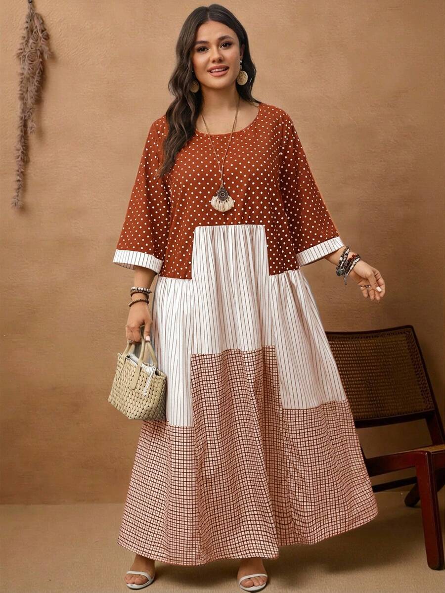 EMERY ROSE Plus Size Women's Casual Vacation Round Neck 3/4 Sleeve Polka Dot, Plaid & Striped Patchwork Long Dress, ,Summer/Vacation,Summer Holiday,Spring Break Outfits ,Vacation Outfits Women ,Holiday Outfits For Women,Going Out Outfits,2026 New Clothes,Simple And Fashionable For Everyday Wear,Suitable For Summer, Vacation, Daily Wear,Suitable For Summer, Vacation, Daily Wear,Dresses For Women,Flowy Dress ,Beach Outfits For Women,Casual Vacation Boho Dress,Summer Dresses, Country Women's Summer Dresses,Casual Dresses For Women,Country Concert Outfit,Brown Dress,Flowy Dress ,Beach Outfits For Women,Casual Vacation Boho Dress - Coral Orange - View 1
