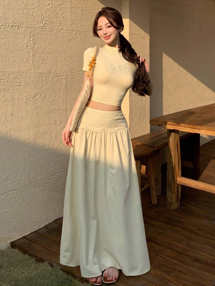 Spring & Summer Butterfly Lace Decor Solid Color Mandarin Collar Yellow Short Sleeve T-Shirt And A-Line Skirt Set, Elegant Sweet Casual Vacation Beach Wedding Commute Outfit For Women