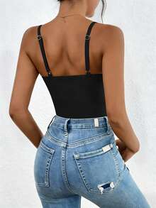 Zolique Women's Solid Color Casual Versatile Daily Wear Bodysuit Bodysuits For Women Basics Bustier Tops For Women - Black - View 2
