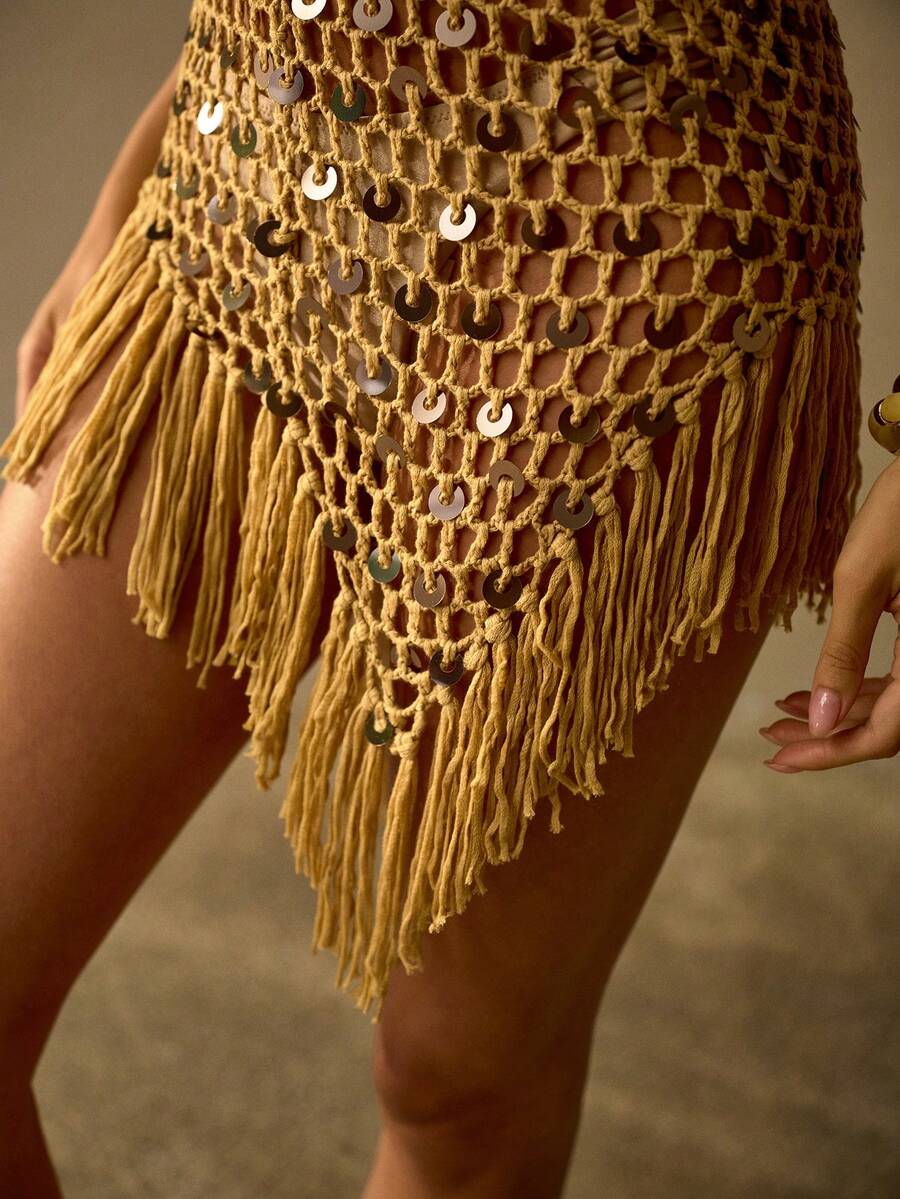 MOTF PREMIUM 手工钩编流苏不对称下摆波西米亚风串珠度假罩衫连衣裙 - 杏色 - 查看 2