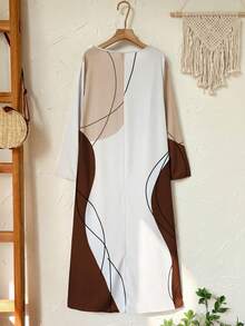 EMERY ROSE Plus Size Casual Contrast Color Block Faux 2-In-1 Dress Fall Clothes - Coffee Brown - View 7