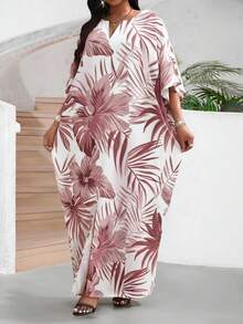 SHEIN Lady 女士热带植物印花V领无袖连衣裙，度假风 - 彩色 - 查看 3