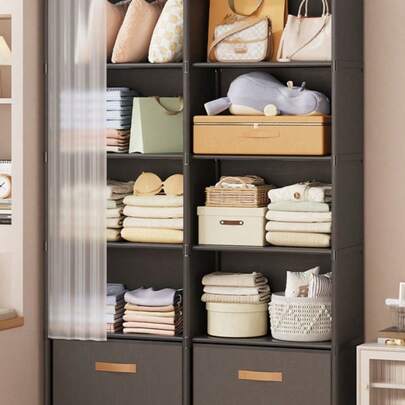 1件装窗帘式防尘储物柜，可作衣柜、书架、带抽屉的收纳架，有效利用空间，坚固耐用，时尚美观，易于组装和拆卸，方便携带，适用于客厅、卧室、玄关、办公室、家庭等场所，多层收纳，是节日礼物、圣诞礼物、儿童礼物的理想之选。