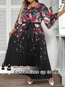 SHEIN CURVE+ 女款大尺碼優雅黑色秋季正式晚宴婚禮賓客印花百褶長洋裝，海邊度假穿搭，適合下午茶派對與畢業典禮 - 黑色 - 查看 7