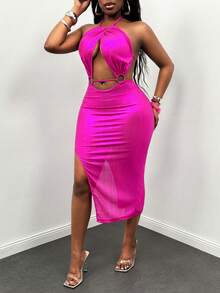 Glyssa 女士夏季露背浪漫晚礼服，吊带镂空系带金属圆扣不对称开衩玫红色性感夜店礼服，闪亮泳装派对假日沙滩裙，新款夏季狂欢节服装，优雅派对礼服 - 玫紅色 - 查看 4