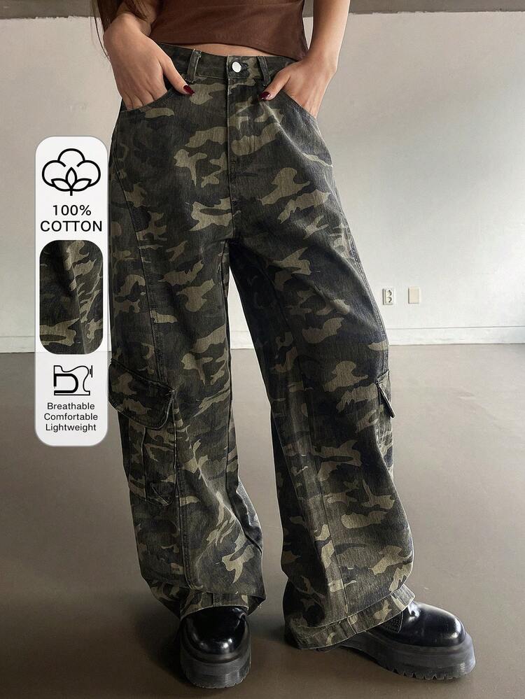 Women's Washed Camouflage Loose Cargo Pants With Large Pockets, Casual Street Style Jeans
