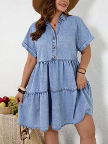 EMERY ROSE EMERY ROSE Plus Size Solid Color Minimalist Casual Short Sleeve Denim Dress - Light Wash - View 1