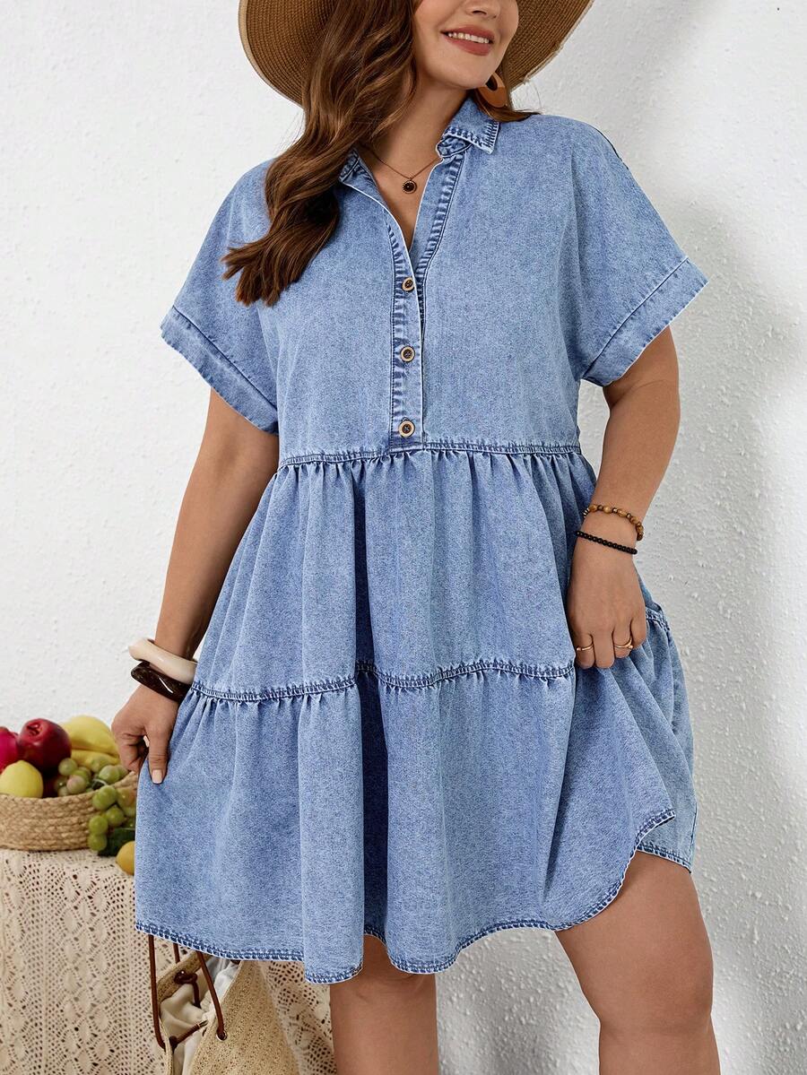EMERY ROSE EMERY ROSE Plus Size Solid Color Minimalist Casual Short Sleeve Denim Dress - Light Wash - View 1