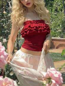 SHEIN MOD 女士红色荷叶边抹胸上衣 - 紅色 - 查看 2