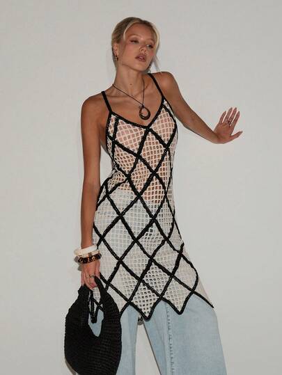 Avantive Đầm len nữ kiểu dáng thường ngày, dây mảnh, khoét lỗ, phối màu tương phản.