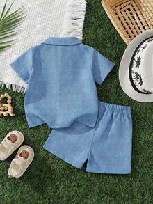 Bộ quần áo bé trai tay ngắn in hình động vật hoạt hình, thích hợp cho các hoạt động ngoài trời, mặc ở nhà và dự tiệc. - Màu xanh lam - Xem 2