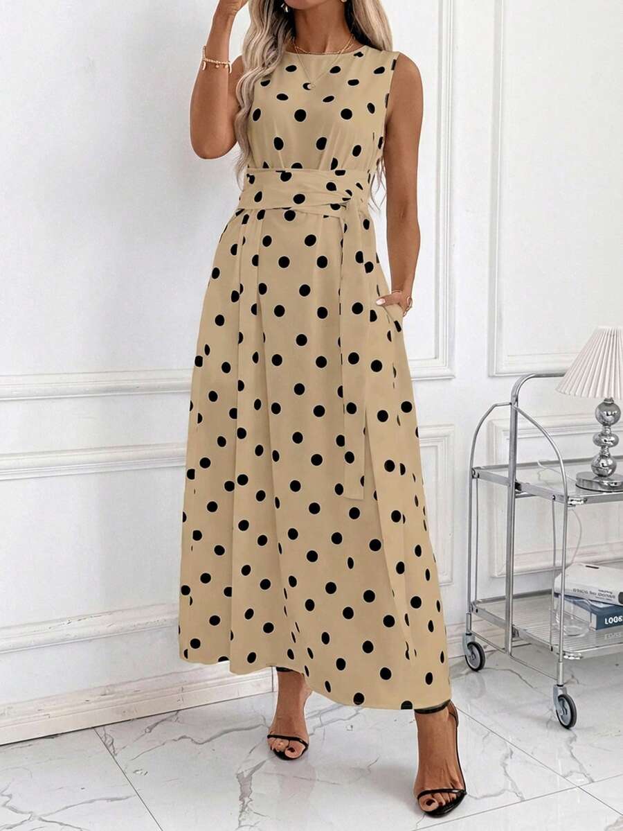 SHEIN Clasi 女士印花圆领腰带口袋无袖宽松休闲波点连衣裙，夏季波点连衣裙，女士休闲连衣裙，女士夏季连衣裙，女士波点连衣裙 - 駝色 - 查看 1