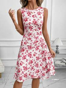 SHEIN Clasi Women's Floral Print Ruched Waist Elegant Midi Dress, Suitable For Dates And Parties,Red Dress - Red - View 6