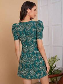 Ellevyn Women's Printed Minimalist Casual Round Neck Short Dress - Green - View 2