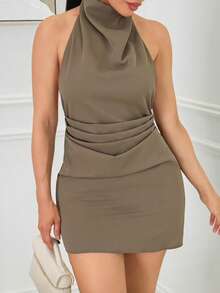 Milla Jasmine Minimalist Backless Tie-Up Pleated Mini Dress For Women,Party Dress,Elegant Dresses For Women - Army Green - View 5