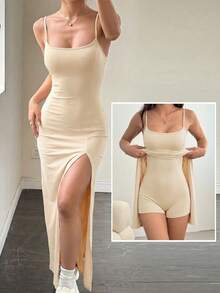 SHEIN EZwear 女士中长款修身卡其色吊带连衣裙，简约时尚休闲日常装 - 卡其色 - 查看 3