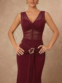 Lumalex Women's Elegant V-Neck Ruched Sleeveless Fitted Flared Maxi Dress With Metal Decor,Burgundy,Summer Dining Formal Evening Gown Wedding Guest Dress - Burgundy - View 10