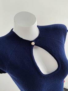 Elamini Atasan Rajut Pendek Musim Panas, Atasan Rajut Lengan Pendek dengan Kerah Cheongsam - Navy Blue - View 5