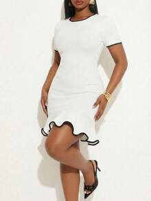 SHEIN SXY Vestido de uso diario minimalista de cuello y puños de contraste, de manga corta y cuello redondo, talla grande - Blanco - Ver 4