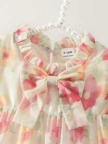 SHEIN Baby Girls' Fashionable Casual Floral Print Bow Decor Cake Dress, Suitable For Spring, Summer, Autumn, Home, Vacation, Festivals, Parties, Daily Wear - Apricot - View 6