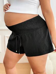 Plussiva 孕妇加大码纯色抽绳腰休闲短裤 - 黑色 - 查看 4