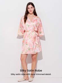 LUVLETTE Women's Summer Airy Floral Satin Robe - Lightweight Tie-Waist Sleep Dress Airy Summer Nightwear Pyjama - Pink - View 8