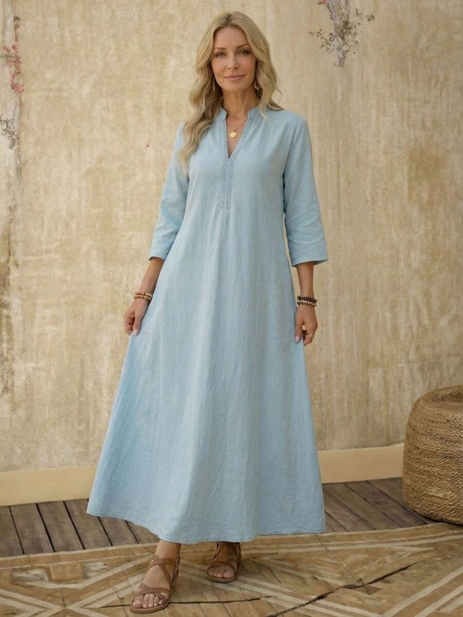 Faunlyn Đầm dài cổ khoét màu trơn thanh lịch dành cho nữ - Màu xanh lam - Xem 1