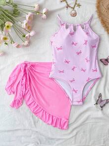 Tween Girls One-Piece Swimsuit With Cute Bow Print, Shoulder Strap, Ruffle Trim & Skirt, Suitable For Swimming, Vacation, Beach In Summer, Tween Girl Bathing Suit Sets Summer Holiday - Baby Pink - View 4