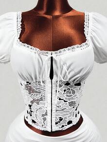 Mistrie The New Sexy YK2 Girlie Square-Neck Laceless Openwork Embroidered Lace Fabric Patchwork Lace Bra, Top, Women's Shirt, Sexy And Fashionable French-Style Short Shirt, Suitable For Beach Vacation, Wedding, Etc. - White - View 5
