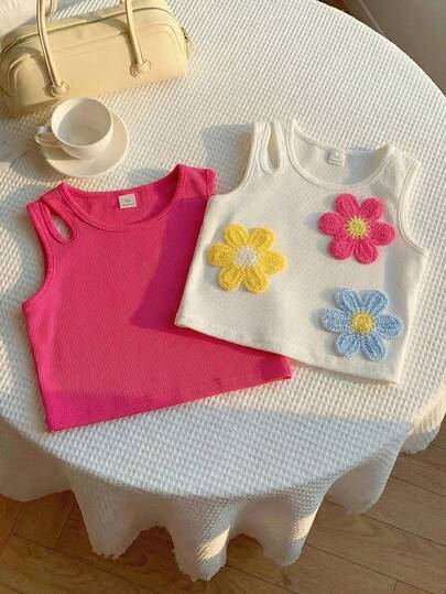 SHEIN 2pcs/Set Girls Elegant Vacation Vibrant 3D Towel Embroidery Hollow Out Fitted Cropped Tank Tops,Squishy Summer Tops Shirts Summer Clothes Summer Dress  Shorts Tank Tops Tanktop Tank Top Tube Tops Corset Flower Tank Top Girls Flower Tops Kid Girl Tops Girls Tops Spring Baby Summer Tops Cute Kids Sleeveless Ribbed Knit Crew Neck Tank Tops With Unique Cutout Detail And Floral Design Cute Tops