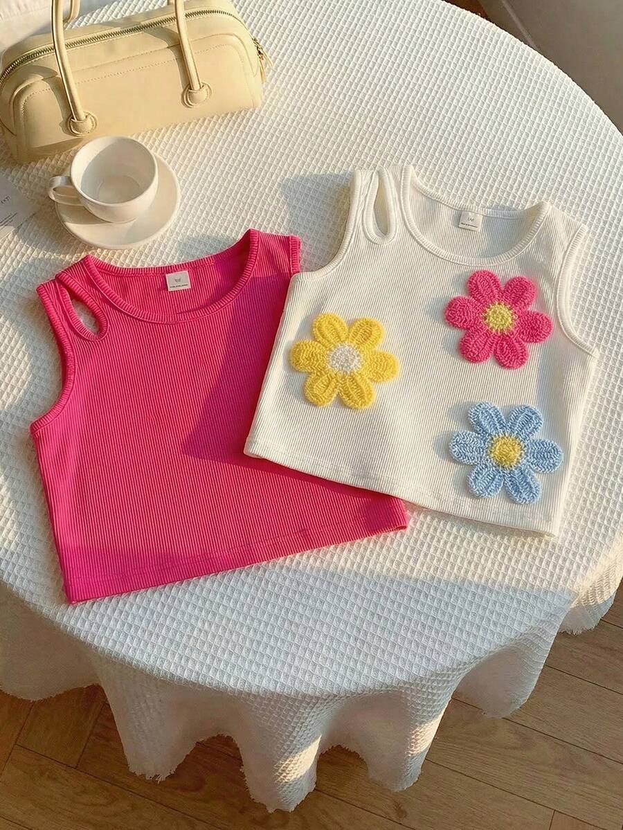 SHEIN Set de 2 tops cortos ajustados con bordado 3D de toalla elegante y vibrante para niñas, en blanco y burdeos - Multicolor - Ver 1