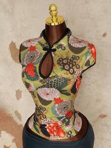 Sunspun Camisa de manga corta ajustada con cuello Mao y bloques de color, talla grande - Multicolor - Ver 6
