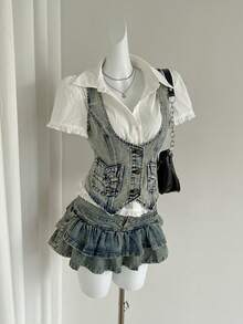 Elamini Women's Summer Casual Fashion Street Acid Wash Slim Single-Breasted Open Front Denim Vest Jacket - Blue - View 1