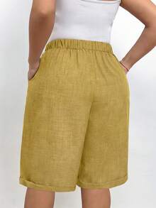 EMERY ROSE Plus Size Women Solid Color Drawstring Waist Pocket Casual Versatile Daily Shorts - Yellow - View 2