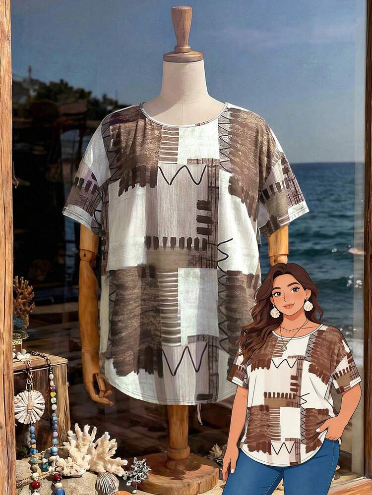 Plus Size Women Geometric Print Round Neck Short Sleeve Casual Loose T-Shirt\Summer\Vacation Summer Tops Summer Outfits Summer Clothes  Spring  Spring Outfit Women Spring Clothes Country Style For Women Beach Outfits For Women  Beach Vacation Outfits For Women Seaside Retro Mannequin Window Display