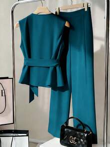 Franclia Fashionable V-Neck Sleeveless Pink Blouse And Suit Pants, Commuting Elegant Pink Outfit For Women, Spring/Summer 2-Piece Set Ytk Clothes Zoey Outfit Pants Suits Two Piece Track Suits For Ladies Zante Holiday Outfit Ysk Clothes Yrack Suits For Ladies Trending Outfit Pinterest Outfit Suits For Women Two Piece Latest Outfit For Women - Teal Blue - View 2