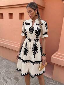 Elenzga 女士休闲花卉印花 V 领收腰连衣裙 - 彩色 - 查看 9